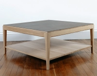 Square coffee table in oak and ceramic with shelf in natural stained wood, oxidised brown ceramic top 100x100 cm Square coffee table in oak and ceramic with shelf in natural stained wood, oxidised brown ceramic top 100x100 cm