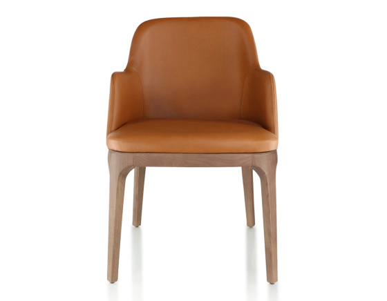 Designer chair with armrests walnut-stained wood and caramel leather