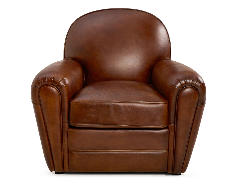 Leather club armchair vintage brown piped armrests Leather club armchair vintage brown piped armrests