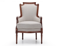 Louis XVI style bergère armchair wood antique stain and natural beige fabric Louis XVI style bergère armchair wood antique stain and natural beige fabric