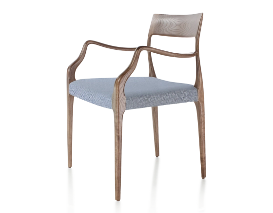 Scandinavian armchair with armrests dark brown stained wood, blue chevron fabric seat