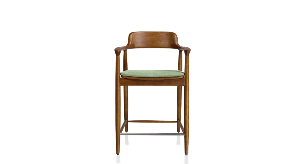 Tabouret de bar h60 cm bois teinte merisier assise tissu vert