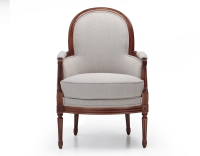 Louis XVI style moulded bergère armchair wood antique stain and natural beige fabric Louis XVI style moulded bergère armchair wood antique stain and natural beige fabric
