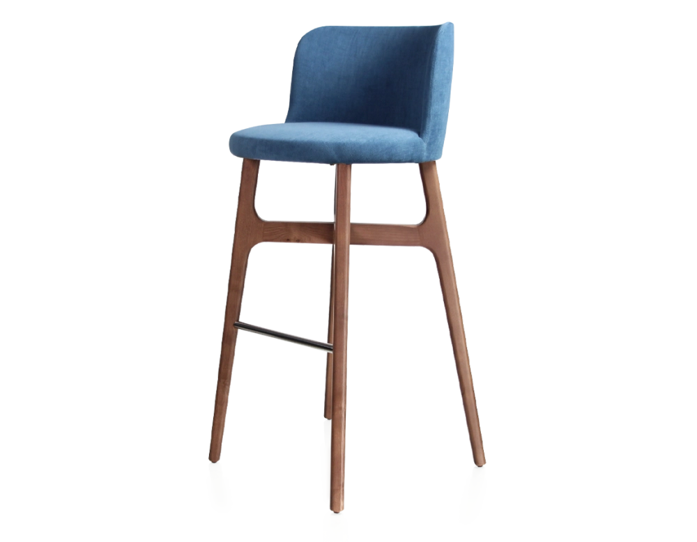 Tabouret de bar h80 cm bois teinte noyer assise tissu bleu jeans Tabouret de bar h80 cm bois teinte noyer assise tissu bleu jeans
