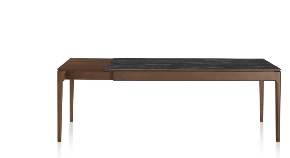 Table extensible 6 à 10 personnes en chêne et céramique allonges bois avec bois teinte marron foncé et plateau céramique effet marbre noir 140x90 cm Table extensible 6 à 10 personnes en chêne et céramique allonges bois avec bois teinte marron foncé et plateau céramique effet marbre noir 140x90 cm