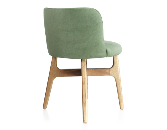 Designer chair natural wood stain green fabric seat