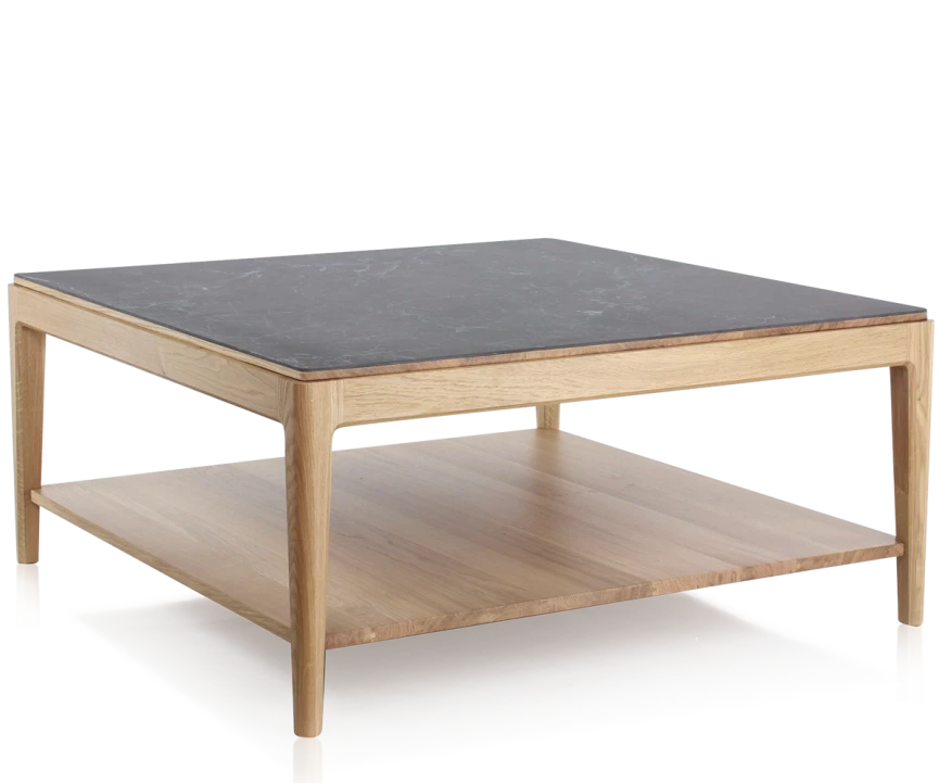 Table basse carrée en chêne et céramique avec tablette en bois teinte naturelle plateau céramique effet ardoise 100x100 cm