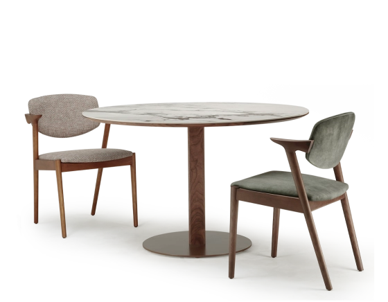 Scandinavian chair cherry wood stain, fabric seat fusion.