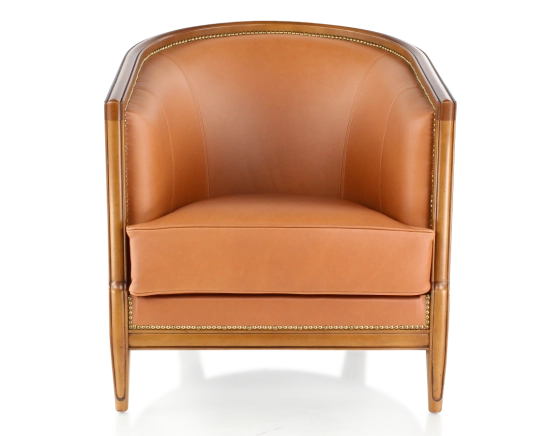 Fauteuil ancien accoudoirs moulurés bois teinte ancienne et cuir caramel