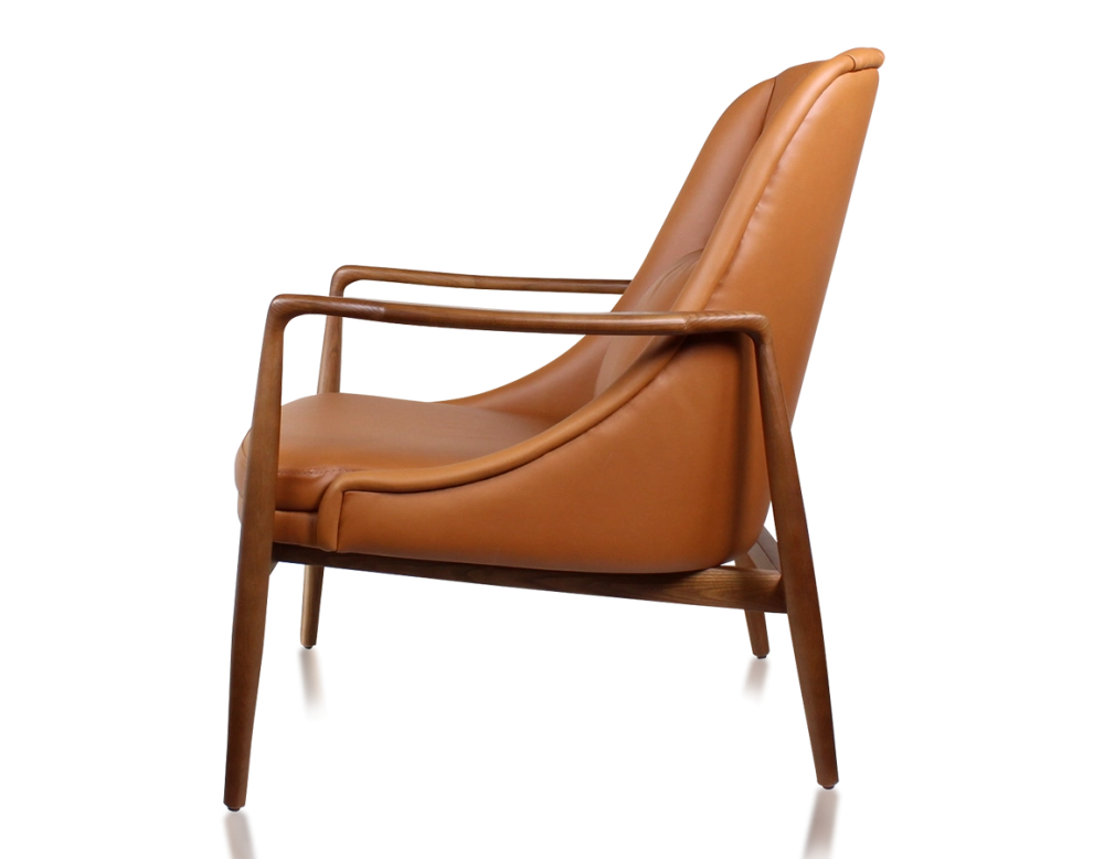 Scandinavian armchair cherry-stained wood and caramel leather Scandinavian armchair cherry-stained wood and caramel leather