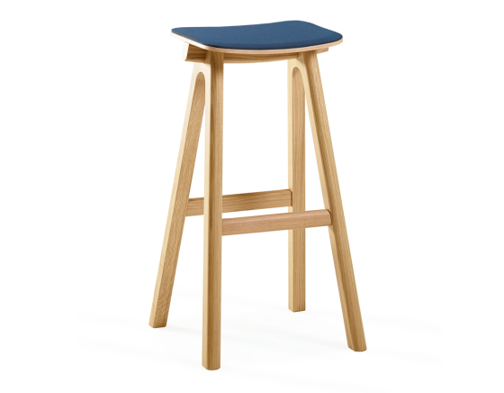 Upholstered oak bar stool H80 cm natural tint wood, navy blue fabric seat