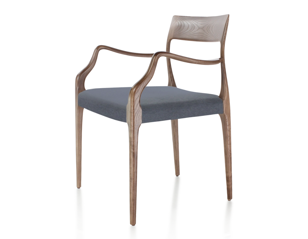 Chaise scandinave avec accoudoirs bois teinte marron foncé assise tissu gris Chaise scandinave avec accoudoirs bois teinte marron foncé assise tissu gris