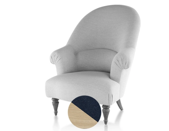 Fauteuil crapaud avec accoudoirs pieds bois teinte naturelle et tissu bleu marine haut dossier
