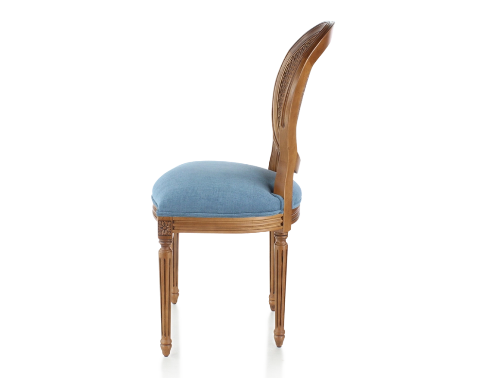 Chaise ancienne style Louis XVI bois teinte ancienne dossier canné assise tissu bleu jeans Chaise ancienne style Louis XVI bois teinte ancienne dossier canné assise tissu bleu jeans