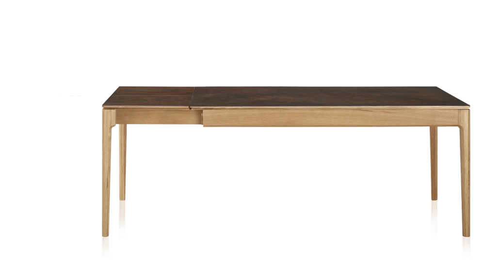 Extendable table for 8 to 12 people in oak and ceramic with ceramic extensions with natural stained wood and oxidised brown ceramic top and extensions 160x100 cm