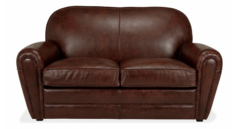 2 seater leather club sofa dark brown piped armrests
