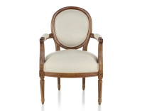 Fauteuil ancien style Louis XVI bois teinte ancienne et tissu chevron beige Fauteuil ancien style Louis XVI bois teinte ancienne et tissu chevron beige
