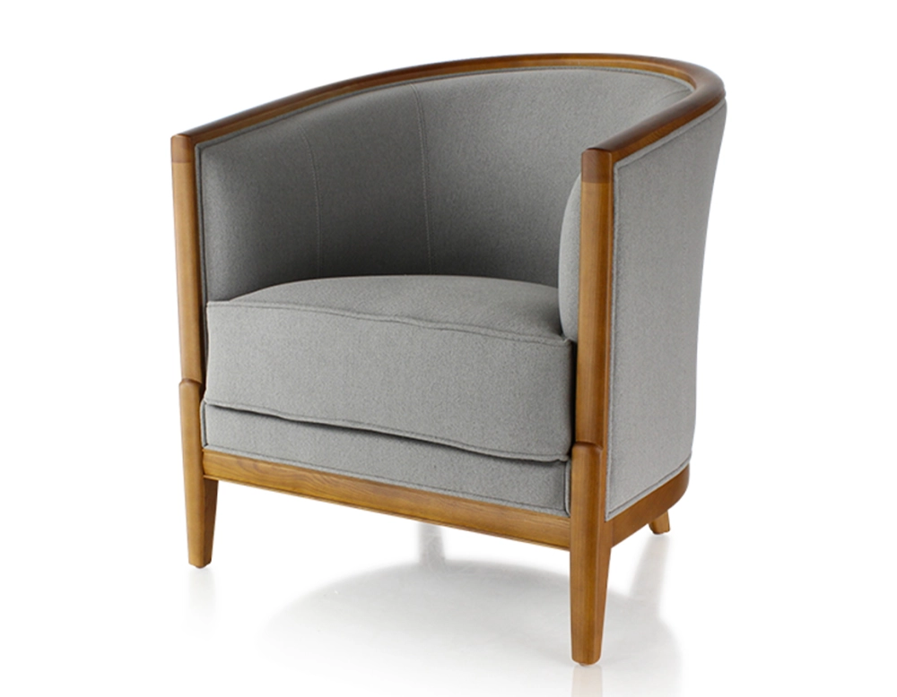 Antique armchair cherry-stained wood and light grey fabric