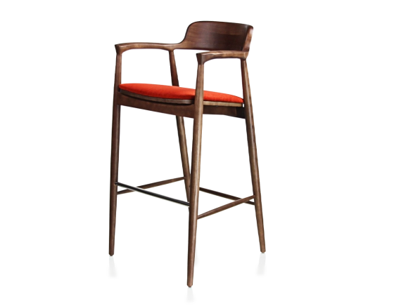 Tabouret de bar h80 cm bois teinte marron foncé assise tissu orange brulé