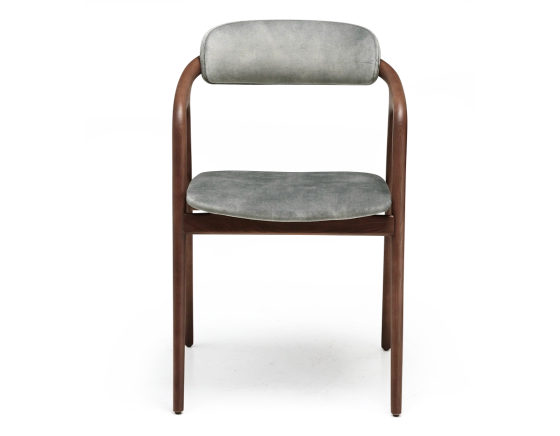 Chaise scandinave bois teinte noyer assise tissu velours gris bleu