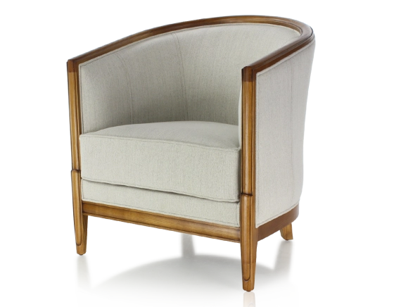 Fauteuil ancien accoudoirs moulurés bois teinte ancienne et tissu beige naturel