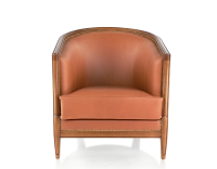 Fauteuil ancien accoudoirs moulurés bois teinte ancienne et cuir châtain