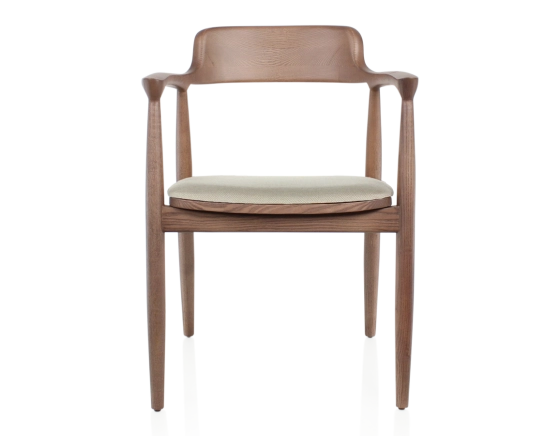 Scandinavian chair wood stained walnut seat beige chevron fabric