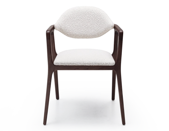 Designer armchair dark brown stained wood and white bouclé fabric.