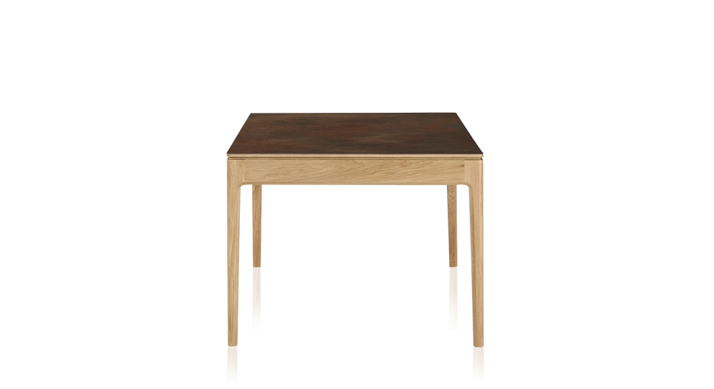 Oak and ceramic dining table for 6 people with natural stained wood and oxidised brown ceramic top 180x90 cm Oak and ceramic dining table for 6 people with natural stained wood and oxidised brown ceramic top 180x90 cm
