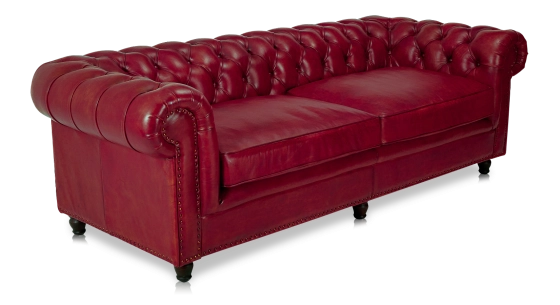 Canapé Chesterfield cuir 3 places rouge carmin accoudoirs cloutés