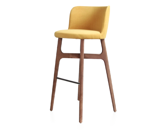 Tabouret de bar h80 cm bois teinte noyer assise tissu jaune