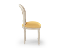 Louis XVI style antique chair white cerused wood with cane back and yellow fabric seat Louis XVI style antique chair white cerused wood with cane back and yellow fabric seat
