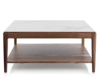 Table basse carrée en noyer et céramique avec tablette en bois teinte naturelle plateau céramique effet marbre blanc 100x100 cm Table basse carrée en noyer et céramique avec tablette en bois teinte naturelle plateau céramique effet marbre blanc 100x100 cm