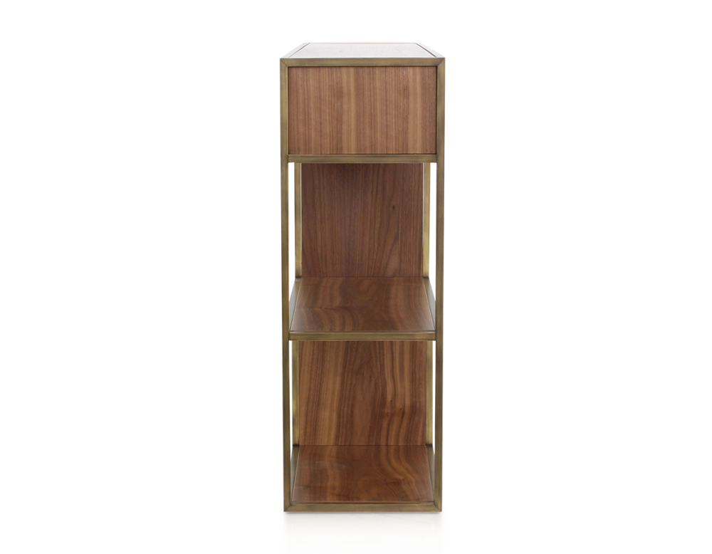 Console design noyer teinte naturelle et métal patine laiton Console design noyer teinte naturelle et métal patine laiton