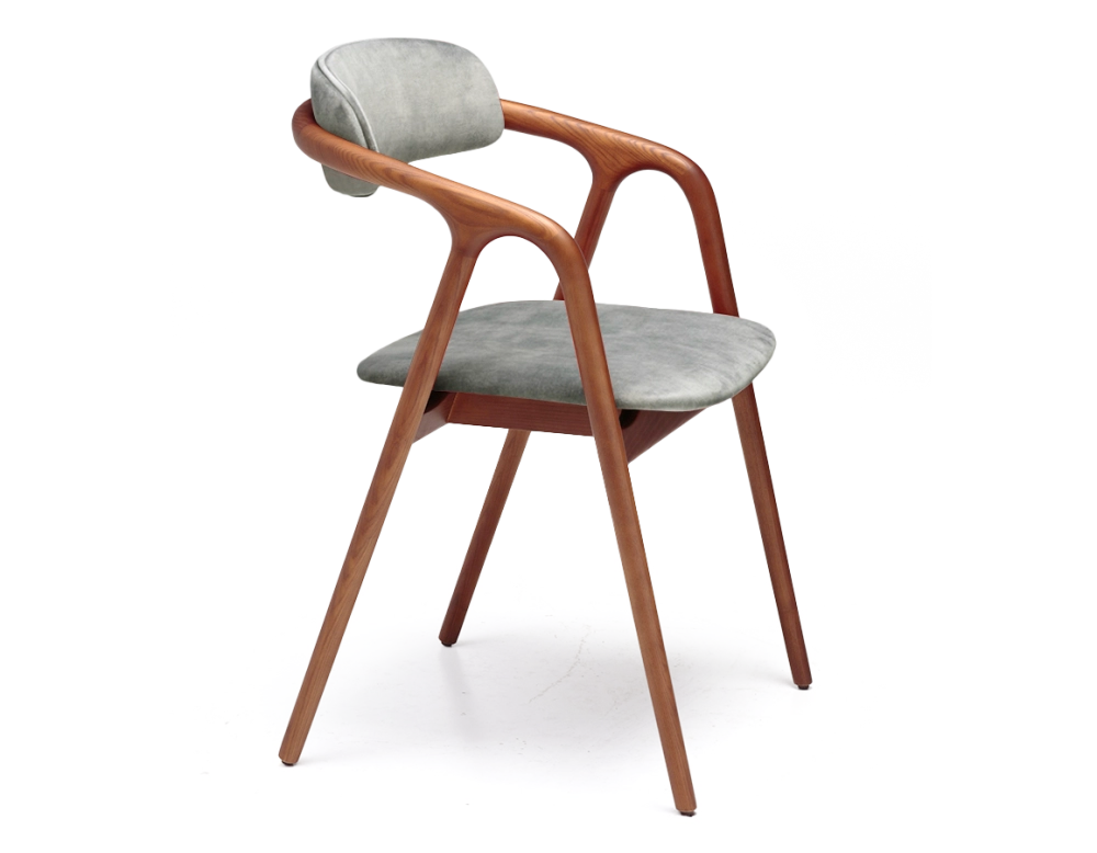 Chaise scandinave bois teinte merisier assise tissu velours gris bleu Chaise scandinave bois teinte merisier assise tissu velours gris bleu