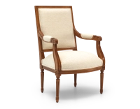 Fauteuil ancien style Louis XVI bois teinte ancienne et tissu chiné beige Fauteuil ancien style Louis XVI bois teinte ancienne et tissu chiné beige