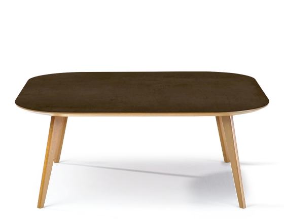 Square coffee table with rounded corners F2 in oak and ceramic wood natural finish with ceramic top in rust effect. 90x90x30 cm