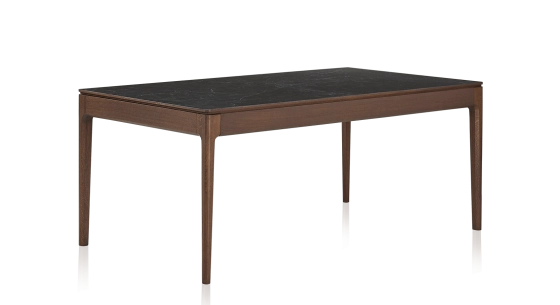Table salle à manger en chêne et céramique 6 personnes avec bois teinte marron foncé et plateau céramique effet ardoise 140x100 cm