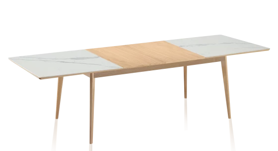 Table extensible en chêne naturel et céramique effet marbre blanc allonge chêne 140x90 cm
