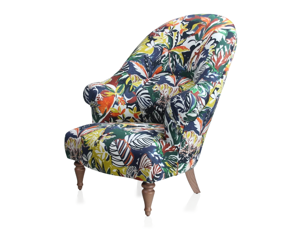 Toad armchair with armrests walnut-stained wooden legs and high-backed jungle fabric Toad armchair with armrests walnut-stained wooden legs and high-backed jungle fabric