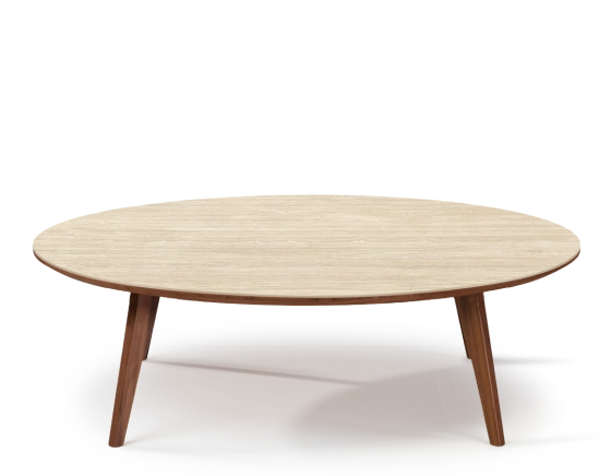 Table basse ronde F1 en noyer et céramique bois teinte naturelle plateau céramique effet pierre travertin 120x120x30 cm