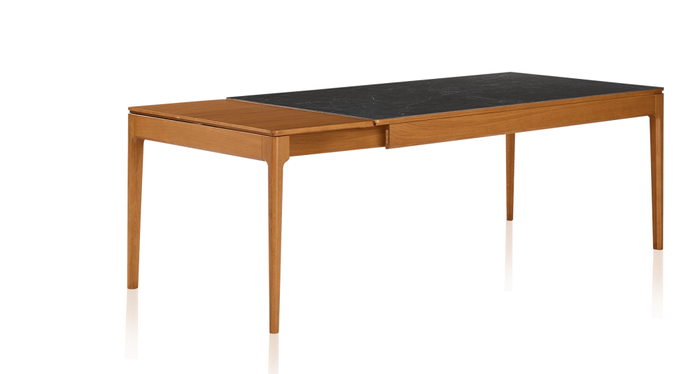 Table extensible 6 à 12 personnes en chêne et céramique allonges bois avec bois teinte merisier et plateau céramique effet ardoise 140x100 cm Table extensible 6 à 12 personnes en chêne et céramique allonges bois avec bois teinte merisier et plateau céramique effet ardoise 140x100 cm