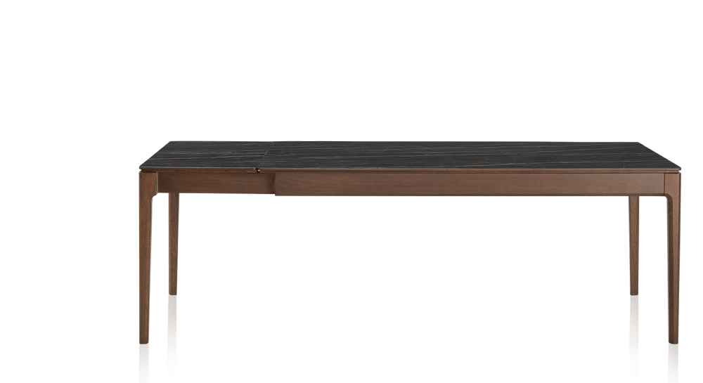 Table extensible 8 à 14 personnes en chêne et céramique allonges céramique avec bois teinte marron foncé et plateau et allonges céramique effet marbre noir 210x100 cm