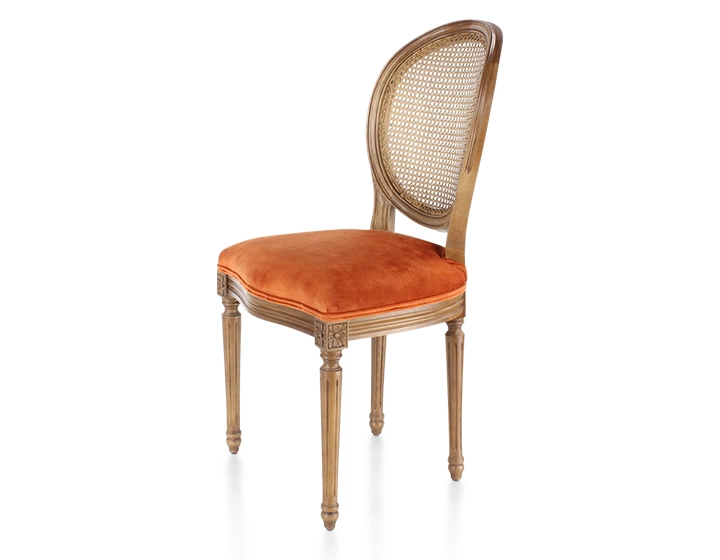 Chaise ancienne style Louis XVI bois teinte ancienne dossier canné assise tissu velours terracotta Chaise ancienne style Louis XVI bois teinte ancienne dossier canné assise tissu velours terracotta