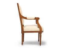 Fauteuil ancien style Louis XVI bois teinte ancienne et tissu chiné beige Fauteuil ancien style Louis XVI bois teinte ancienne et tissu chiné beige