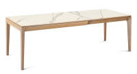 Table extensible en chêne et céramique 6 à 10 personnes allonges céramique avec bois teinte naturelle et plateau et allonges céramique effet marbre blanc 140x90 cm