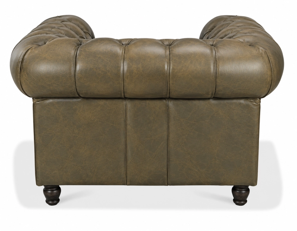 Fauteuil chesterfield cuir vert olive accoudoirs cloutés