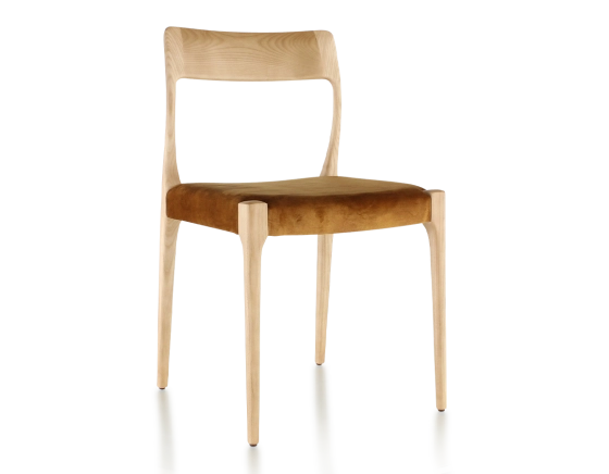 Chaise scandinave bois teinte naturelle assise tissu velours bronze
