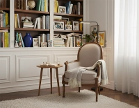 Fauteuil bergère mouluré style Louis XVI bois teinte ancienne et tissu orange