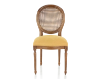 Chaise ancienne style Louis XVI bois teinte ancienne dossier canné assise tissu jaune Chaise ancienne style Louis XVI bois teinte ancienne dossier canné assise tissu jaune